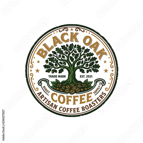 Retro Round Coffee Supply Company Emblem with Acorn Tree Graphic