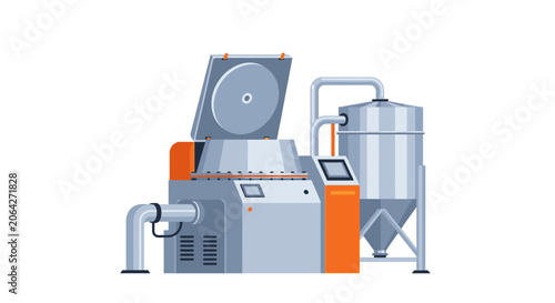 Industrial Processing Machine Vector Illustration with Silo and Control Panel for Factory Automation