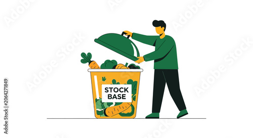 Man Collecting Vegetable Scraps in Stock Base Container for Sustainable Cooking Flat Vector Illustration