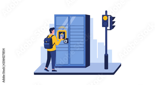 Man using automated smart locker for food delivery or parcel pickup in a city environment, flat vector illustration