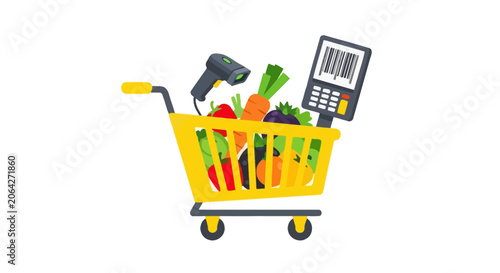 Yellow Shopping Cart with Fresh Vegetables and Barcode Scanner Flat Vector Illustration