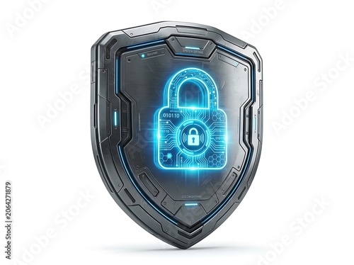 Cyber Security Shield with Blue Lock on White