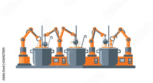 Industrial Automated Food Production Line with Robotic Arms Cooking and Stirring in Large Pots