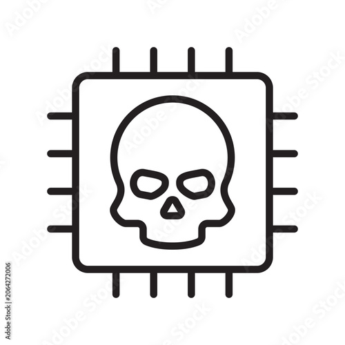 Malicious hardware cyber threat skull AI microchip line icon