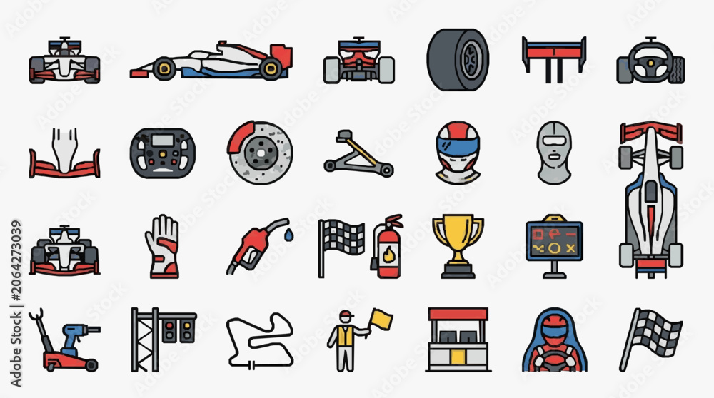 Naklejka premium Modern Racing Icons Comprehensive Collection of Formula and Motorsport Elements with high professional line art symbols for modern creative design and digital branding projects
