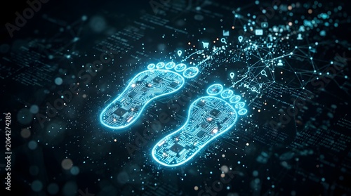 Glowing blue digital footprints made of circuit boards on dark background