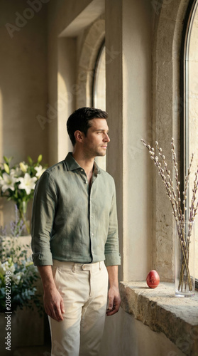 Man in green linen shirt looking out window in an elegant interior