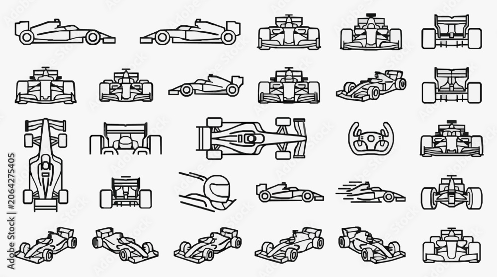 Naklejka premium Industrial Blueprint Collection of Formula Racing Cars and Components from Various Angles and Perspectives