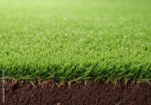 Close up texture of lush green turfgrass laid horizontally against rich brown soil, perfect for landscaping and home improvement projects, agriculture, lush, gardening