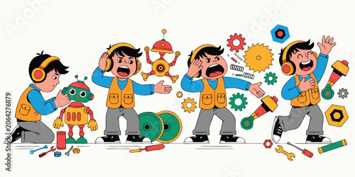 Photos Little boy building a toy robot and reacting with different emotions in a sequen