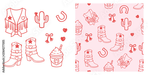 Cute pink western cowgirl seamless pattern with fringe vest, cowboy boots, cactus, horseshoes, hearts and milkshake icons in outline style for girls fashion and fabric design.