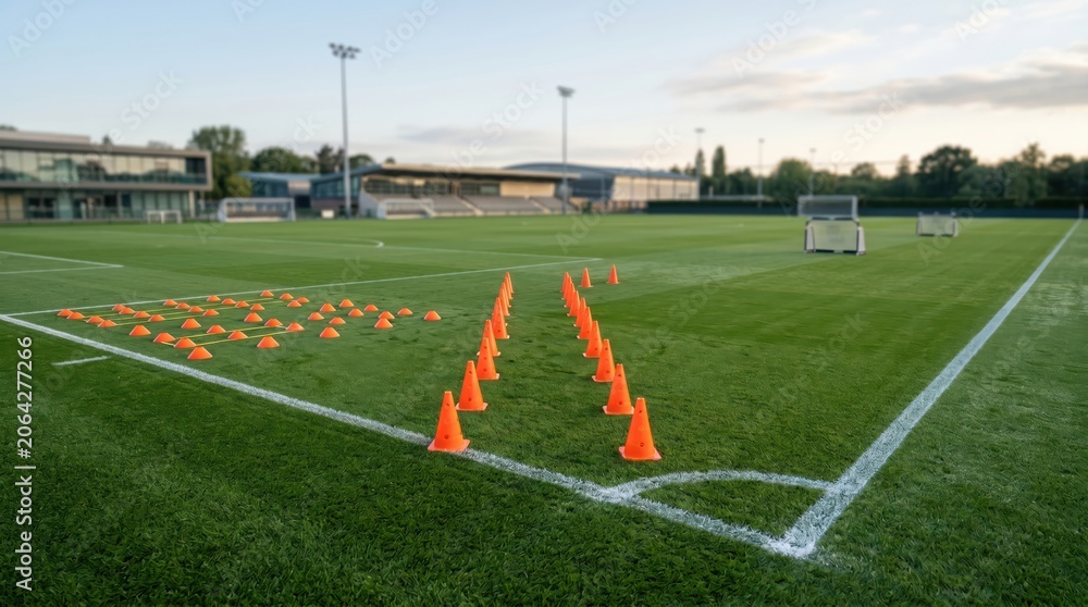 Fototapeta premium Two rows of cones and marker discs on soccer field