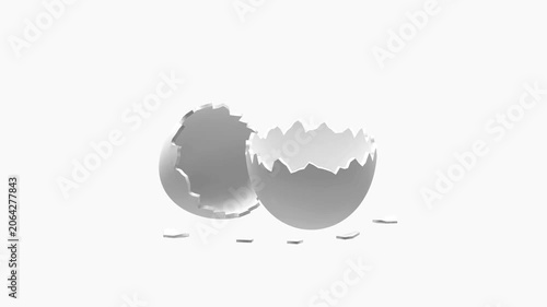 Broken white eggshell halves and small shell fragments shift subtly on a clean white background in minimal 3D render
