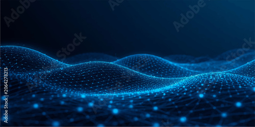 Abstract blue wave landscape with glowing wireframe mesh, connected dots, flowing geometric pattern, luminous abstract surface, modern futuristic background and light texture.