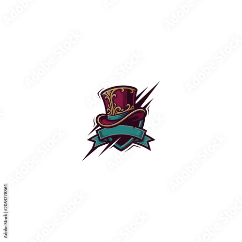Ornate Burgundy Ringmaster Top Hat Featuring Gold Filigree Trim, Teal Ribbon Banner And Dramatic Dark Lightning Bolt Accents, Elegant Circus Performer Headwear Vector Illustration