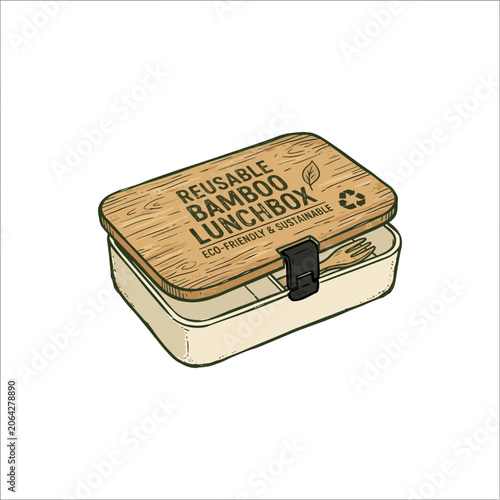 Reusable Bamboo Lunchbox With Eco‑Friendly Wooden Lid, Leaf Recycling Symbol And Black Clasp On Cream Colored Base, Sustainable Tabletop Accessory For Healthy Meals, Vector Illustration