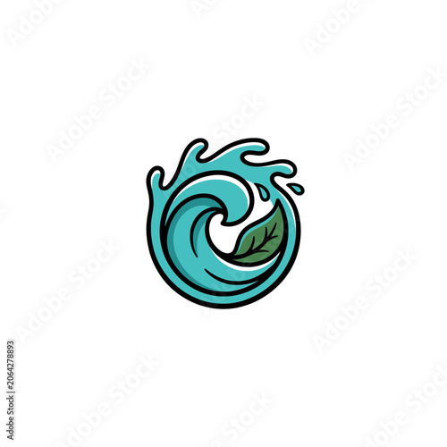 Turquoise Swirling Water Wave Icon With A Central Green Leaf And Surrounding Floating Droplets, Hand‑Drawn Eco‑Style Illustration For Sustainable Design Projects Vector Illustration