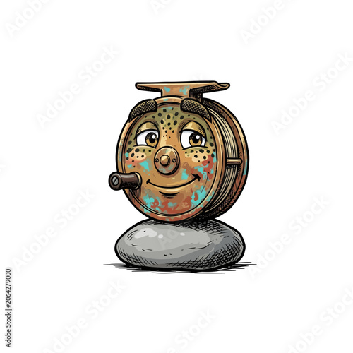 Cartoon Fly Fishing Reel With A Smiling Face And Weathered Turquoise Patina Perched On A Smooth River Rock, Accented By Vintage Copper And Bronze Tones, Playful Outdoor Vector Illustration