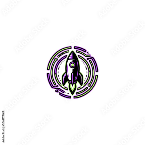 Circular Purple And Green Rocket Emblem With Neon Circuit Ring Patterns And Dotted Orbital Paths Surrounding A Retro Rocket Centerpiece Vector Illustration