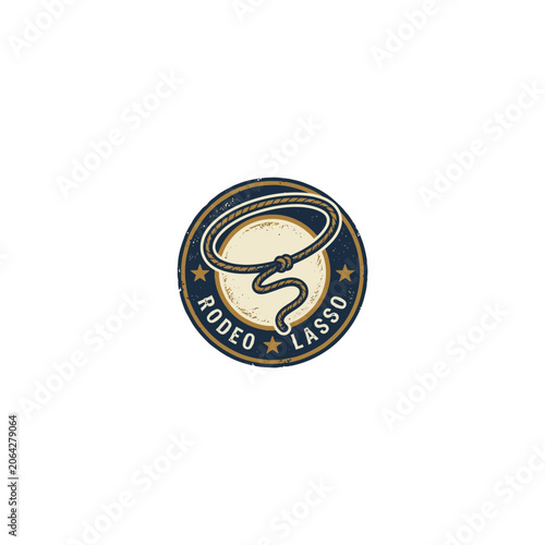 Vintage Rodeo Lasso Circular Badge With Coiled Rope, Navy Blue, Gold And Cream Tones, Accented By Stars And Bold Rodeo Lettering Vector Illustration