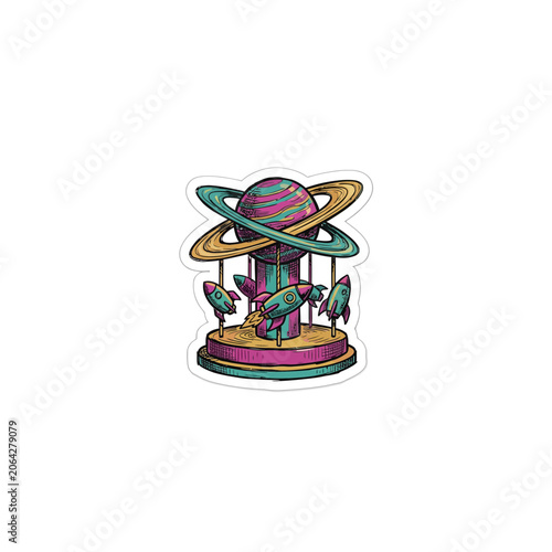 Vibrant Space Themed Carousel Ride Featuring A Striped Saturn Planet Atop Golden Poles With Retro Rocket Ships Suspended On A Circular Base Vector Illustration