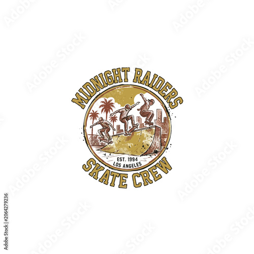 Midnight Raiders Skate Crew Retro Circular Emblem Depicting Three Skaters Grinding A Ramp Beneath Palm Trees And The Los Angeles Skyline Vector Illustration