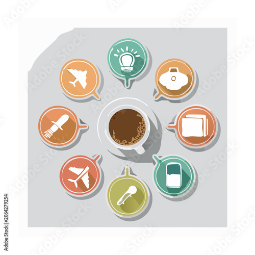 Coffee cup with flat design icons on gray background