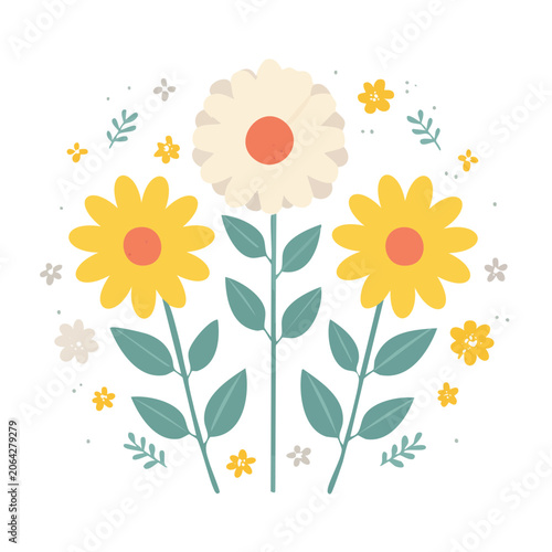 Colorful flat design daisy flowers with leaves