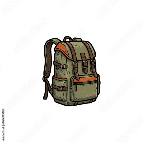 Rugged Olive Green Hiking Backpack Featuring Brown Leather Buckle Straps Padded Shoulder Straps And Orange Trim Accents Vector Illustration