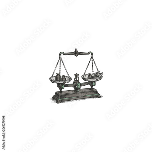 Vintage Antique Balance Scale With Brass Metal Weights, Wheat Sprig And Engraved Pedestal Base, Suitable For T‑Shirt Graphics And Heritage Themed Designs Vector Illustration