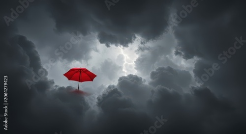 Lone scarlet canopy drifting high above the world within heavy, ominous gray thunder clouds, a surreal symbol of unexpected shelter, adrift, danger, high altitude