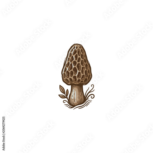 Rustic Morel Mushroom Illustration Showing Honeycomb Cap, Textured Stem And Small Leaf Accents At The Base Vector Illustration