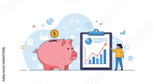 Young woman presenting a rising financial graph on a clipboard next to a large pink piggy bank to illustrate savings and growth.