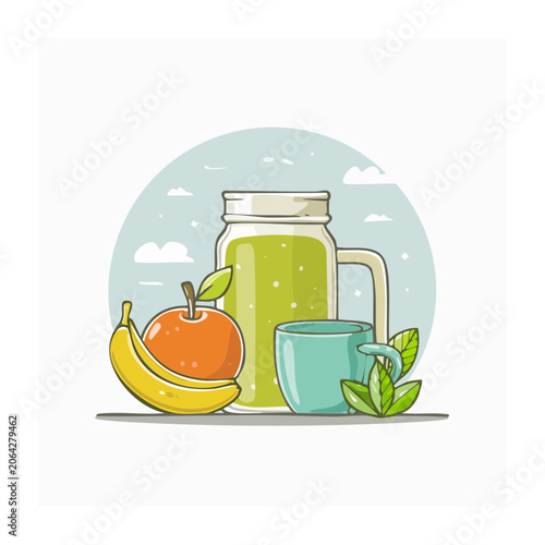 Flat design illustration of fruit and smoothie