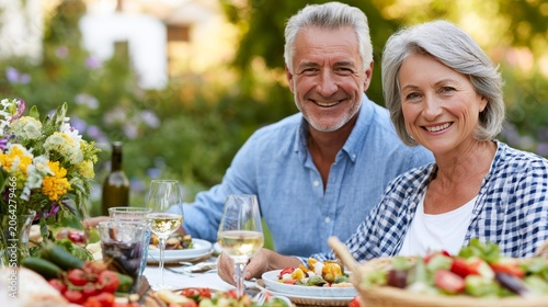 senior man and woman enjoying an outdoor summer dinner 