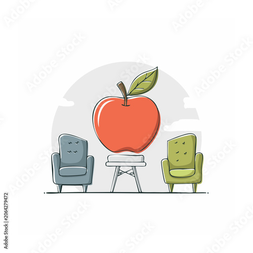 Flat Design Illustration of Apple on Table with Armchairs