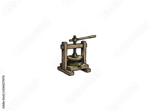 Traditional Rustic Wooden Olive Oil Press With Metal Screw Turning Handle And Circular Pressing Tray Base Vector Illustration