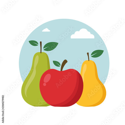 Flat Design Illustration of Fruits with Sky Background