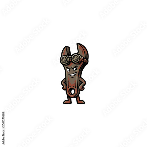 Anthropomorphic Rusty Wrench Mascot Character Wearing Brass Goggles Smiling Confidently With Steampunk Personality Vector Illustration