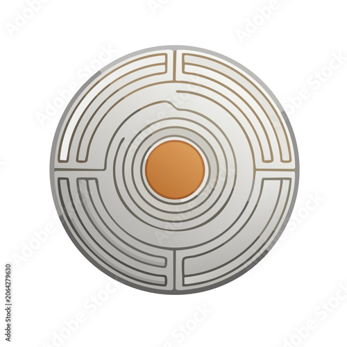 Minimalist circular maze illustration with orange center