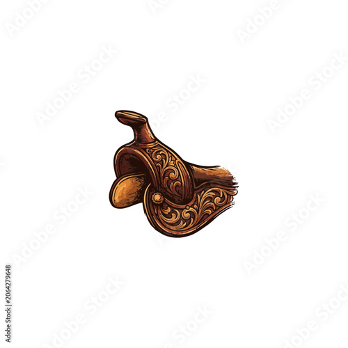 Ornate Western Saddle Horn Featuring Intricate Floral Scroll Engravings Rendered In Brown Sketch Artwork Vector Illustration