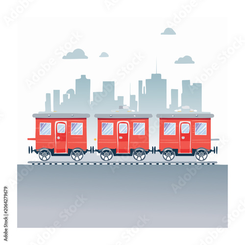 Red Train on Tracks with City Skyline Background