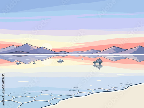 Pastel Sunset Over Mirror Salt Flat With Jeep Vehicle Reflection Distant Mountain Range And Cracked Hexagonal Salt Foreground Surface Vector Illustration