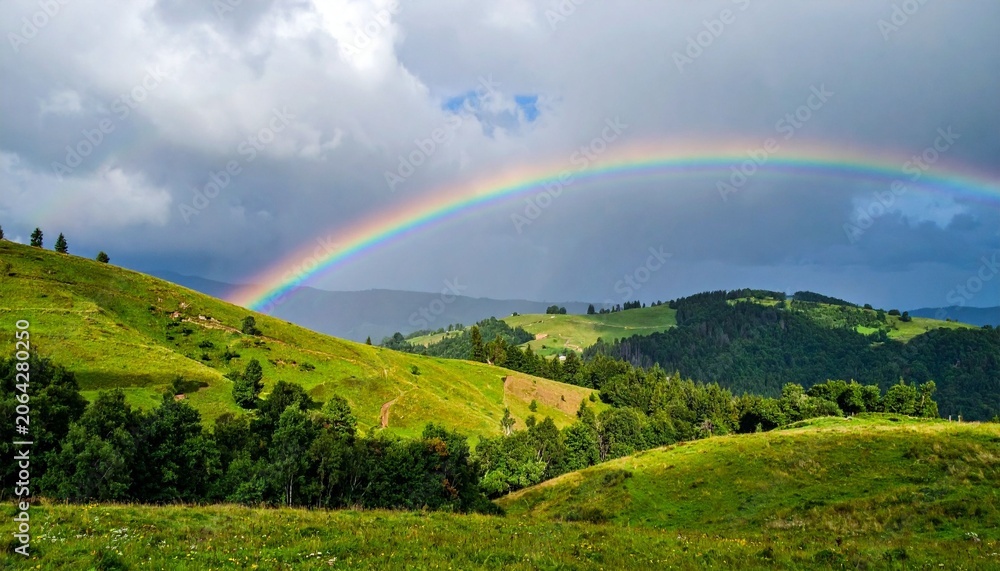 Fototapeta premium Rainbow over green rolling hills