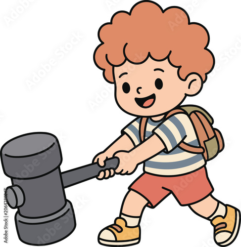 Cute Little Boy Playing Carnival Strength Hammer Game Cartoon Illustration.