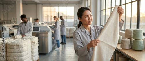 Woman inspecting fabric in a textile factory