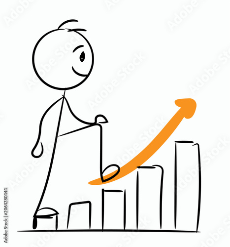 Stick figure cartoon character climbing financial bar graph with upward orange arrow, concept of business growth, career success, and financial progress