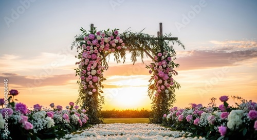 A beautiful wooden archway is adorned with a profusion of pink and white roses and greenery. The archway stands on a pathway covered in white flower petals, leading towards a vibrant sunset.