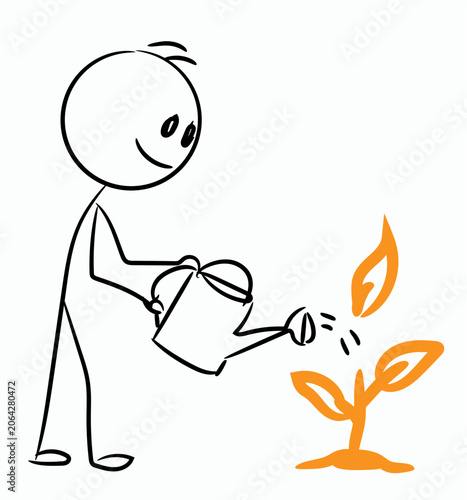 Stick figure cartoon character watering a growing flame or plant, concept of nurturing passion, innovation, or fueling a problem