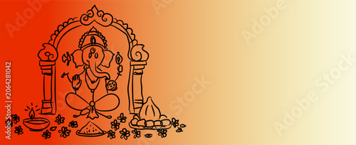 Lord Ganesha Stick Figure Illustration Banner with Modak, Diya